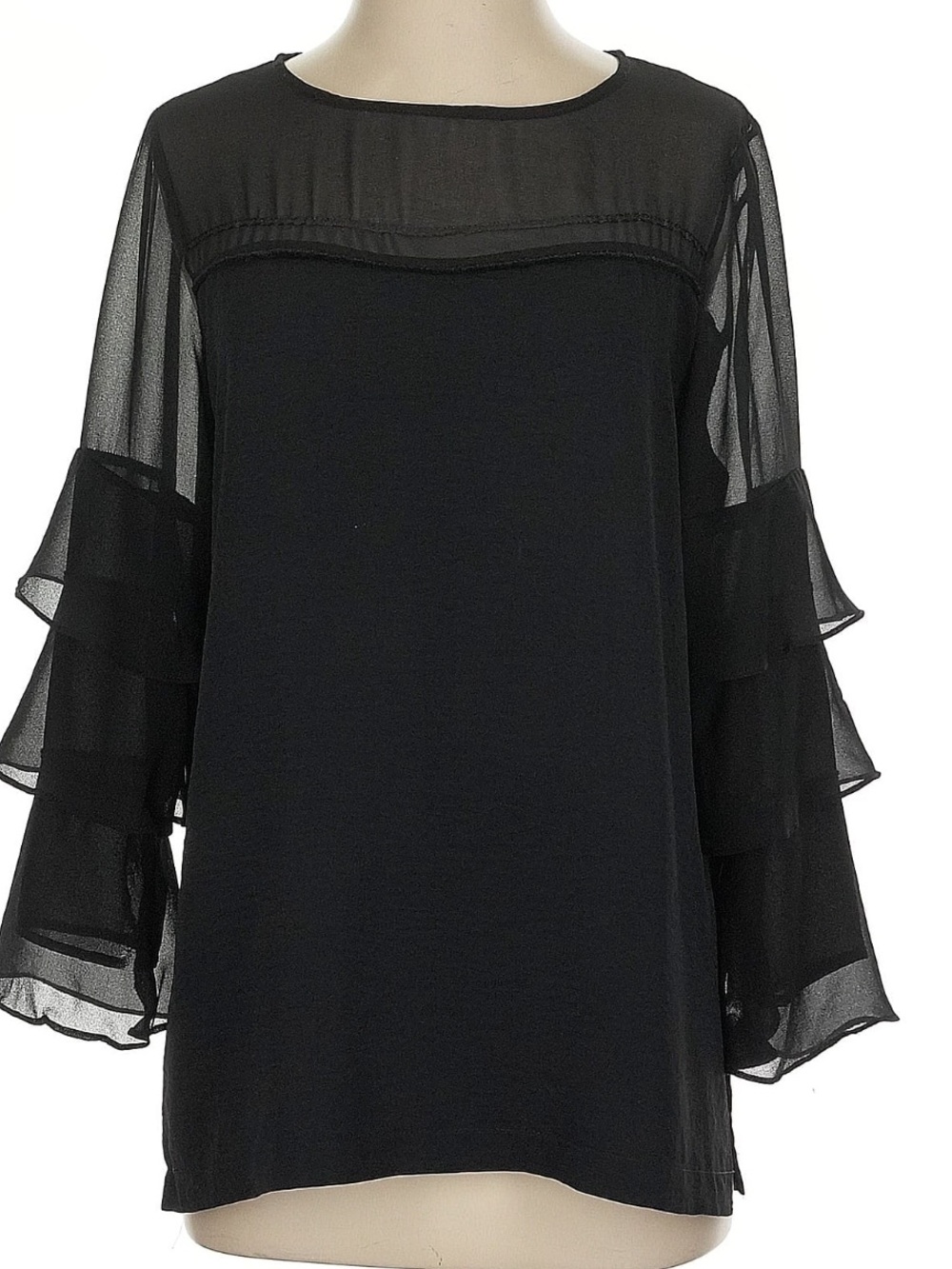 hazel Black Sheer Yoke Ruffle-Sleeve Blouse